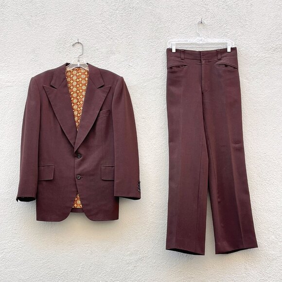 Vintage 70s Men's Hand Tailored Dark Brown Gabardine 2 Piece Suit 38S x 29W - Picture 1 of 7